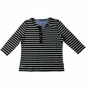 Ralph Lauren Women Striped Henley 3/4 Sleeve Shirt Black White Stripe Size XL